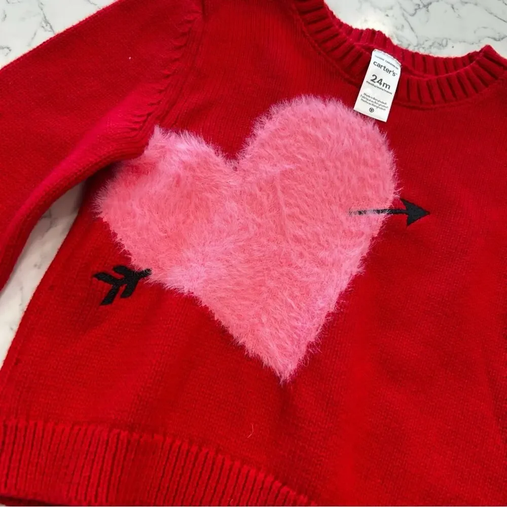 NWT Carters Fuzzy Heart Red‎ & Pink Crewneck Toddler Sweater Size 24 Months